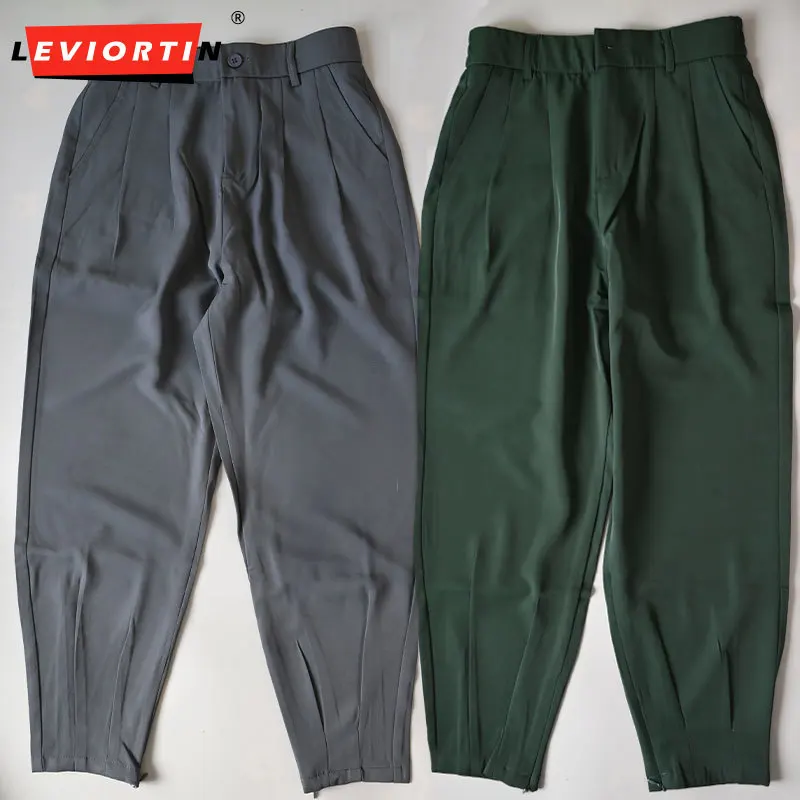 

Men's Ice Silk Ankle Banded Dress Pants, Summer Thin 9 Points Business Casual Suit Pants Man Zipper Side Split Tapered Trousers