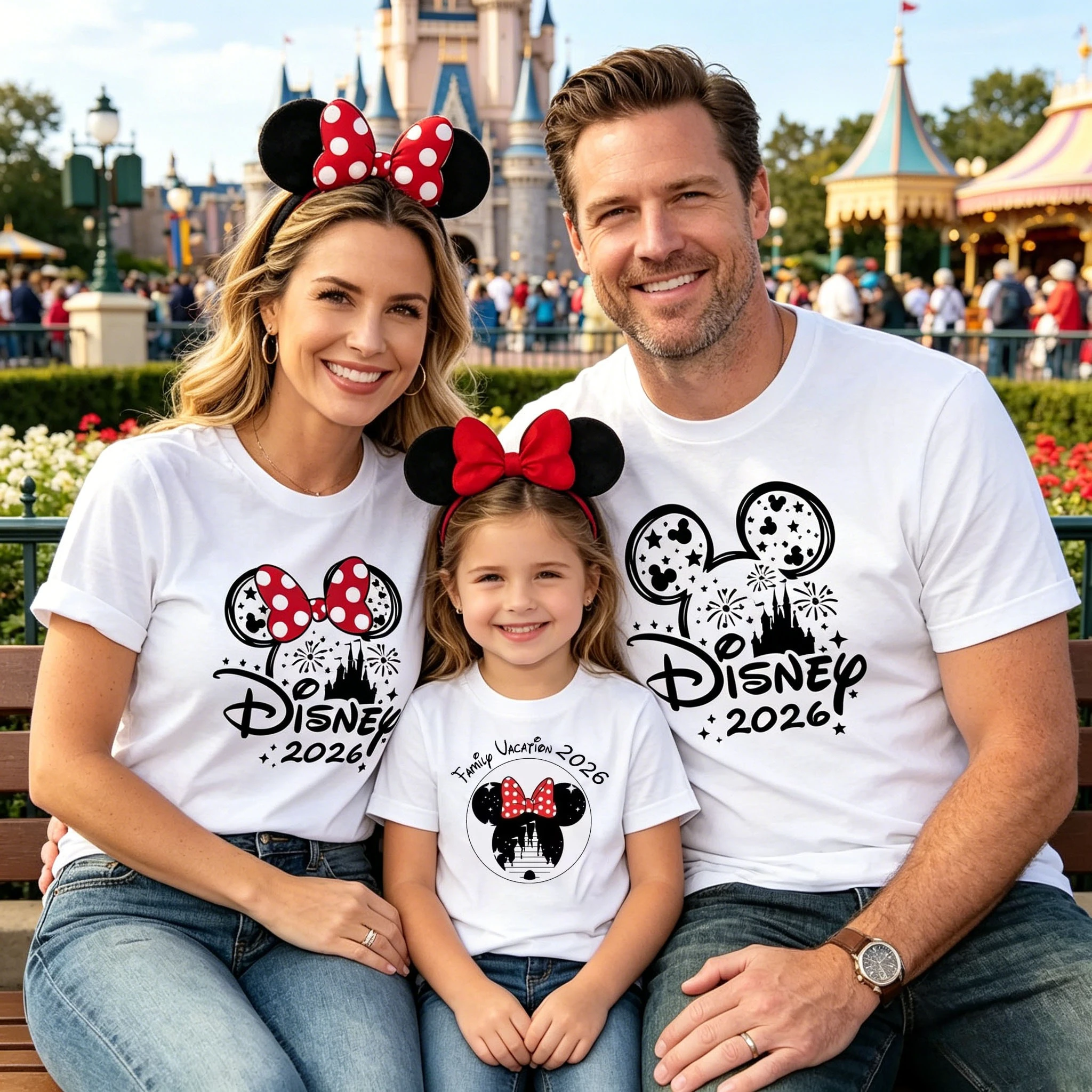 Family Matching T Shirts Cartoon Ear Polka Dot Bow Castle Firework Print 2026 Family Vacation Parent Kids Cotton Tops