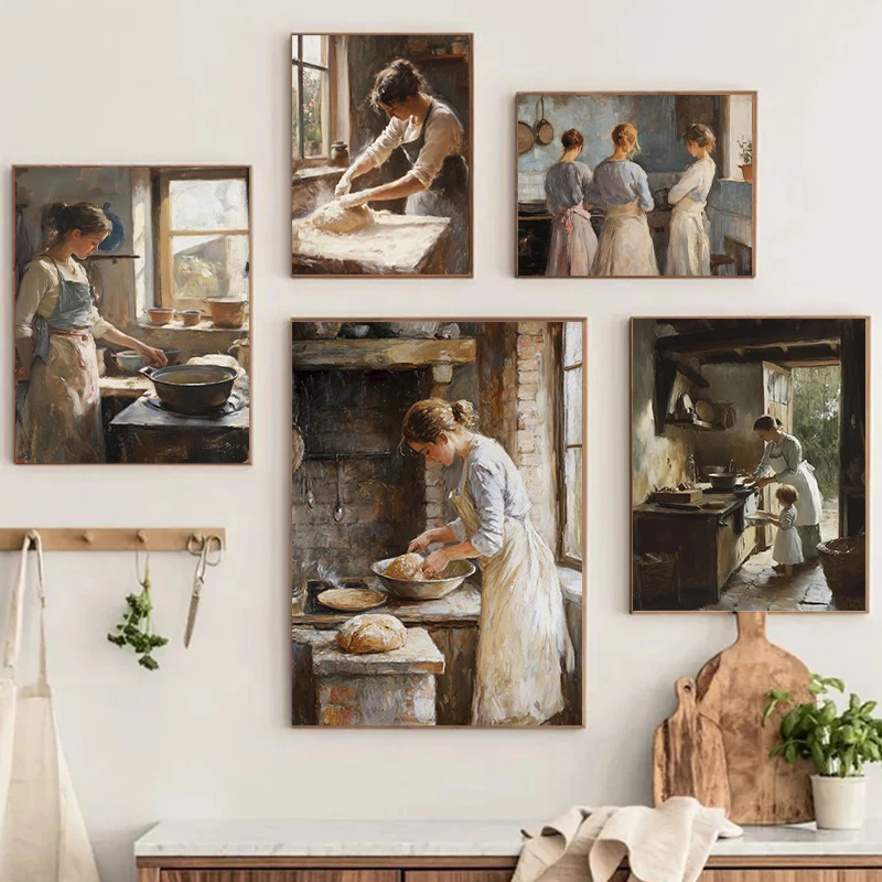 امرأة فرنسية الطبخ المطبخ اللوحة الملصقات والمطبوعات قماش الطباعة خمر جدار صورة فنية لديكور مزرعة ريفي