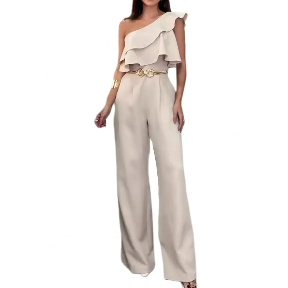 Women Jumpsuit Elegant One Shoulder Ruffle Jumpsuit for Women Formal Stylish Wide Leg High Waist Solid Color Chic