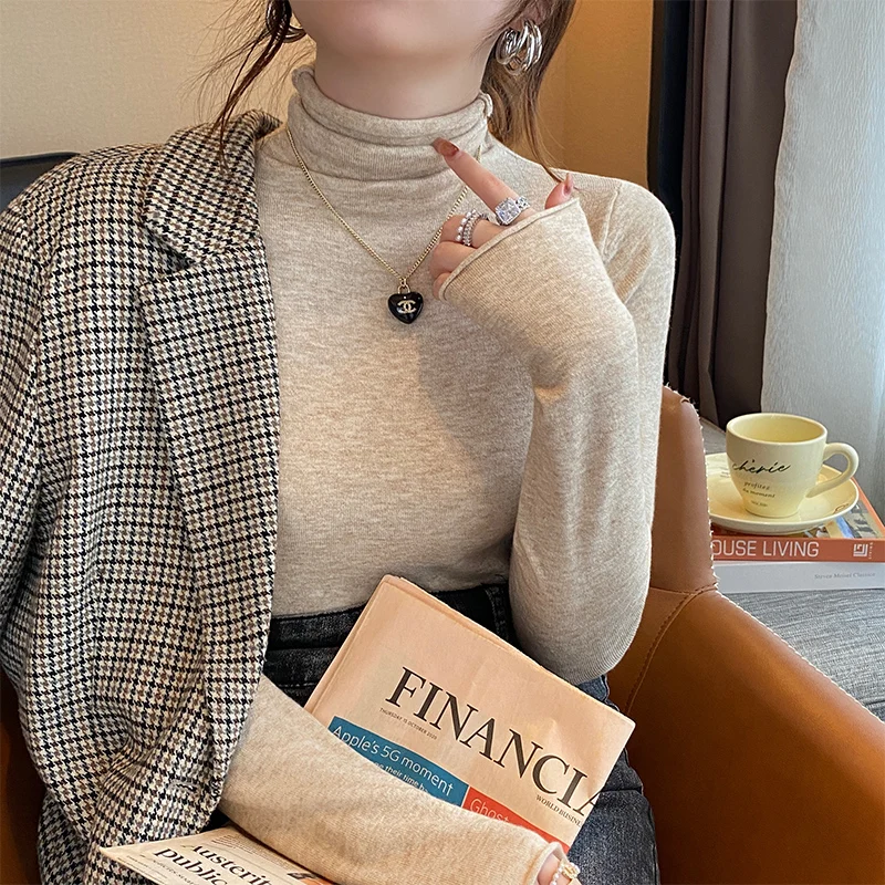 محبوك سترة المرأة البلوفرات الجديدة طويلة الأكمام الياقة المدورة الأسود متماسكة سترة البلوز النساء بلايز البلوزات النساء الملابس Q1138