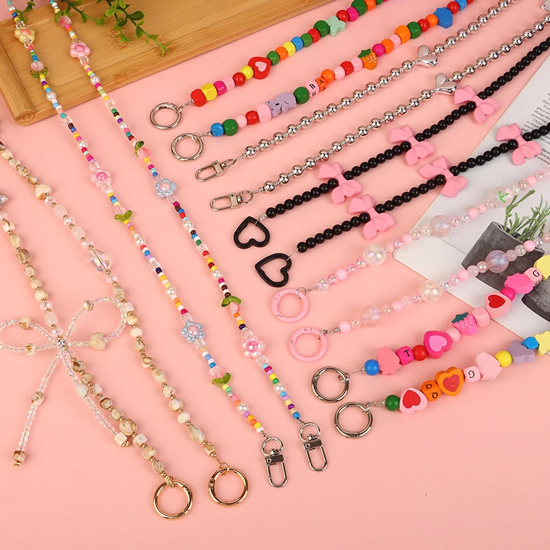1PC Bohemia Phone Case Anti-Loss Hanging Ornaments Strap Keychain Colorful Flower Butterfly Beaded Acrylic Phone Lanyard Rope