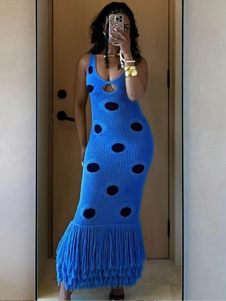 kliou Chic Dot Print Women Maxi Dress High Street Stunning Tassel Stacked Sleeveless Cleavage Cut Out Robe Mujer Festival Frock