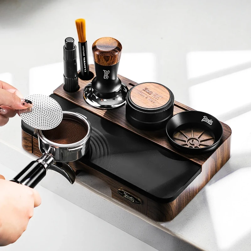 Wood-Grain Coffee Tamping Station, 51mm 58mm Espresso Tool Organizer with Knock Box, Removable Silicone Mat, Non-Slip Feet