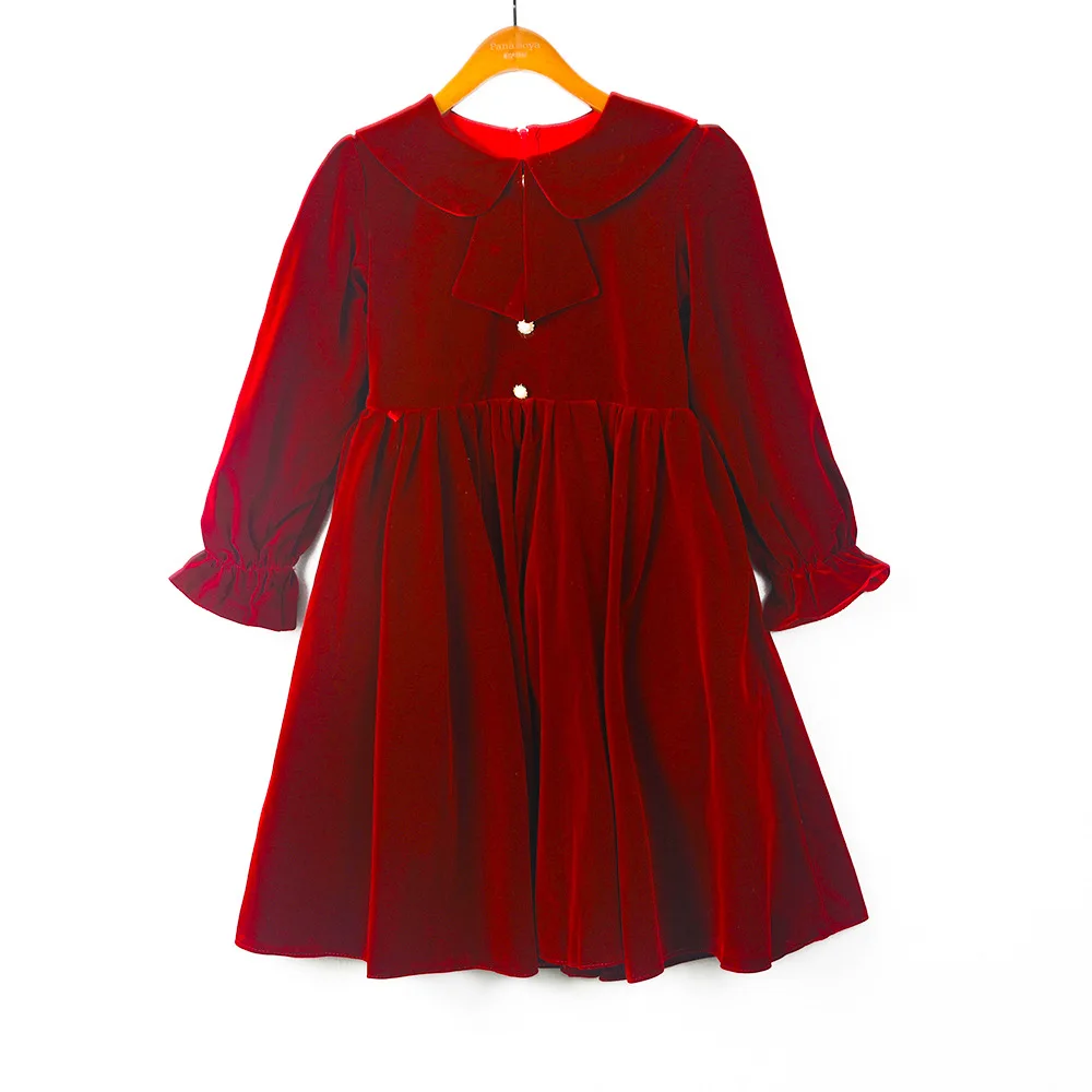 Children Christmas Wine Red Velvet Dresses for Little Girls Kids Princess Short Gown Luxury Evening Pageant Birthday Party Dress