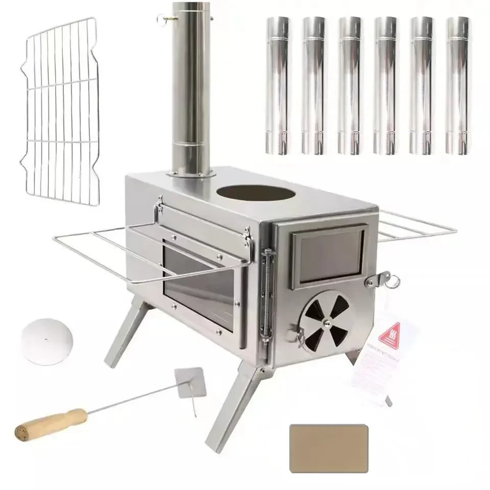 Outdoor camping tent wood stove three-sided glass stainless steel foldable multi-functional tent stove picnic stove