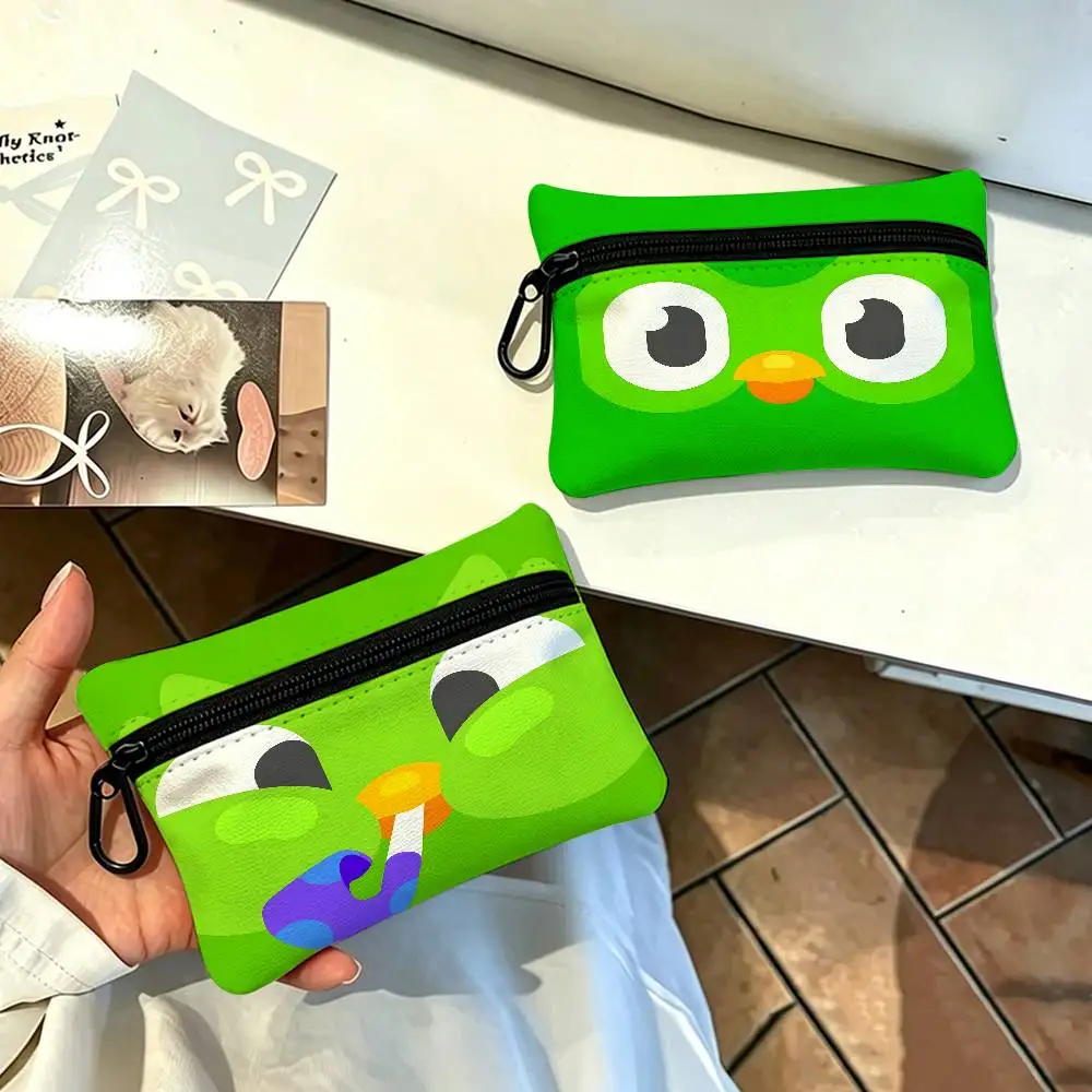 D-Duolingo Green Mini Hanging Oxford Cloth Coin Bag Durable Zipper Key Card Pouch With Carabiner