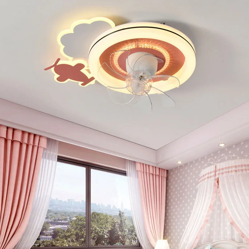 Ceiling Fan Light For Children Boys Girls Bedroom Airplane Crown Blue Pink Gold LED Ceiling Lamp 360°Shaking Head Fan Ventilator