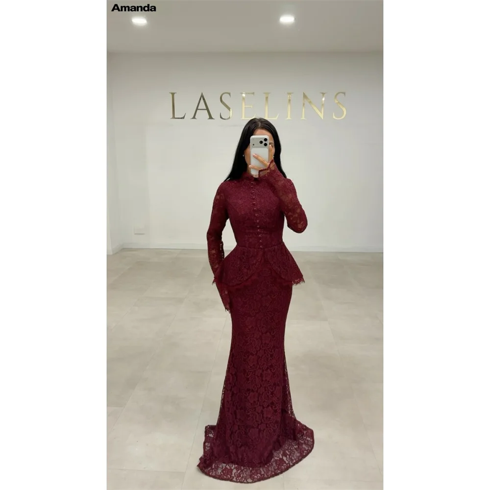 Amanda Customizd High Neck Peplum Waist Sweep Train Mermaid gown Evening dress Floral Lace Floor‑length Modest Elegant Prom gown