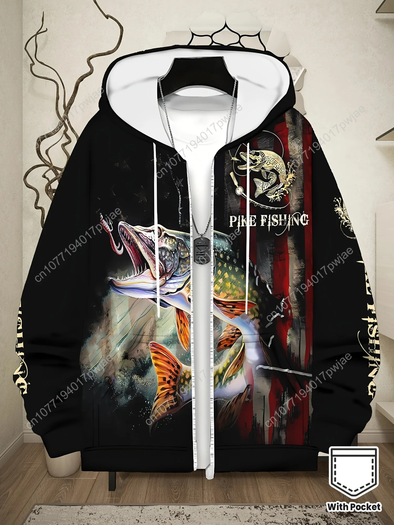 Мужская толстовка с принтом для ловли щуки — стильная молния с длинными рукавами, ярким рыбным дизайном, капюшоном на шнурке и карманами, идеально подходит для