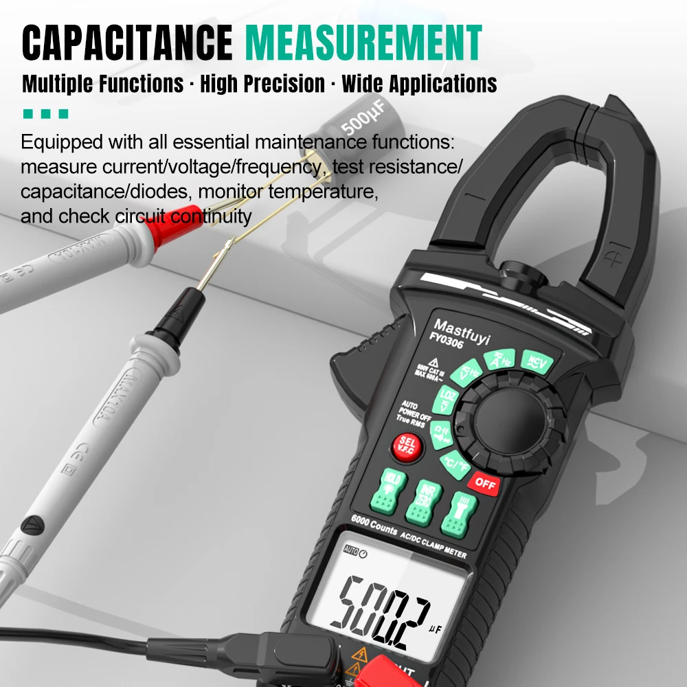 MASTFUYI 600A True RMS Digital Clamp Meter Multimeter 600V AC/DC Voltmeter Ammeter Inrush Current Capacitance NCV Ohm Hz Tester