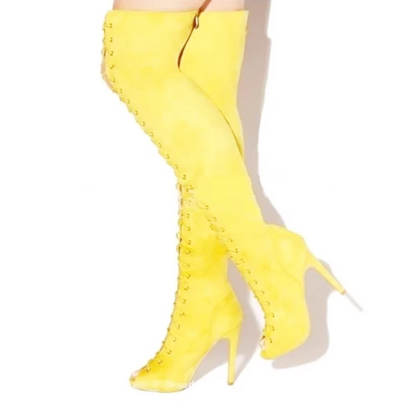 Yellow Suede Woman Thigh High Boots Stretch Fabric Lace-up Over Knee Boots Womens Peep Toe Lady Long Boot