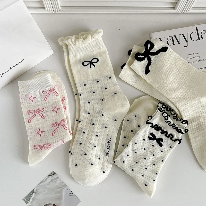 1 Pair Ballet Style Middle Tube Socks Women Elegant Cute Lolita Socks Mesh Breathable Lace Butterfly Knot Stacking Sock Y2K 2024
