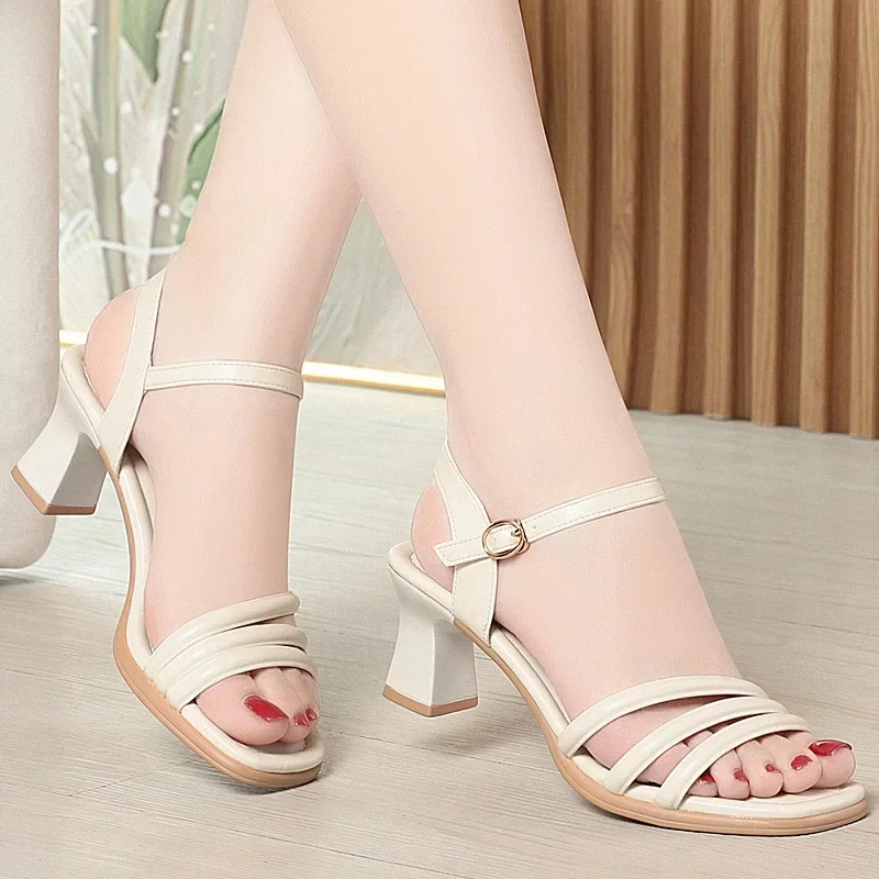

39 Fashion Thin Band Sandals in Leather Women's Heels for Ladies Shoe Summer Sandals 2025 High Heels Luxury Woman Sandals Dress
