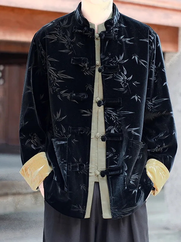 

Золотой бархатный джет, мужской весенне-осенний костюм Тан с вышитыми пуговицами, новая китайская модифицированная мужская одежда Hanfu среднего возраста