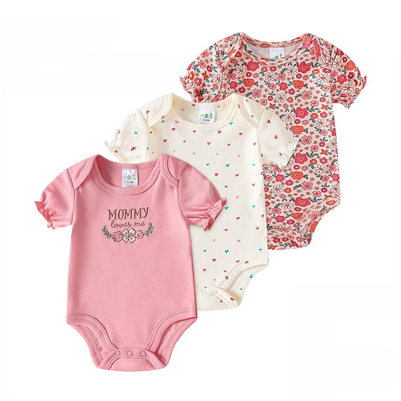 Kit 3 Bodies para Bebê Menina, Manga Curta, Estampa Floral, Corações e Roupa para Recém-Nascida