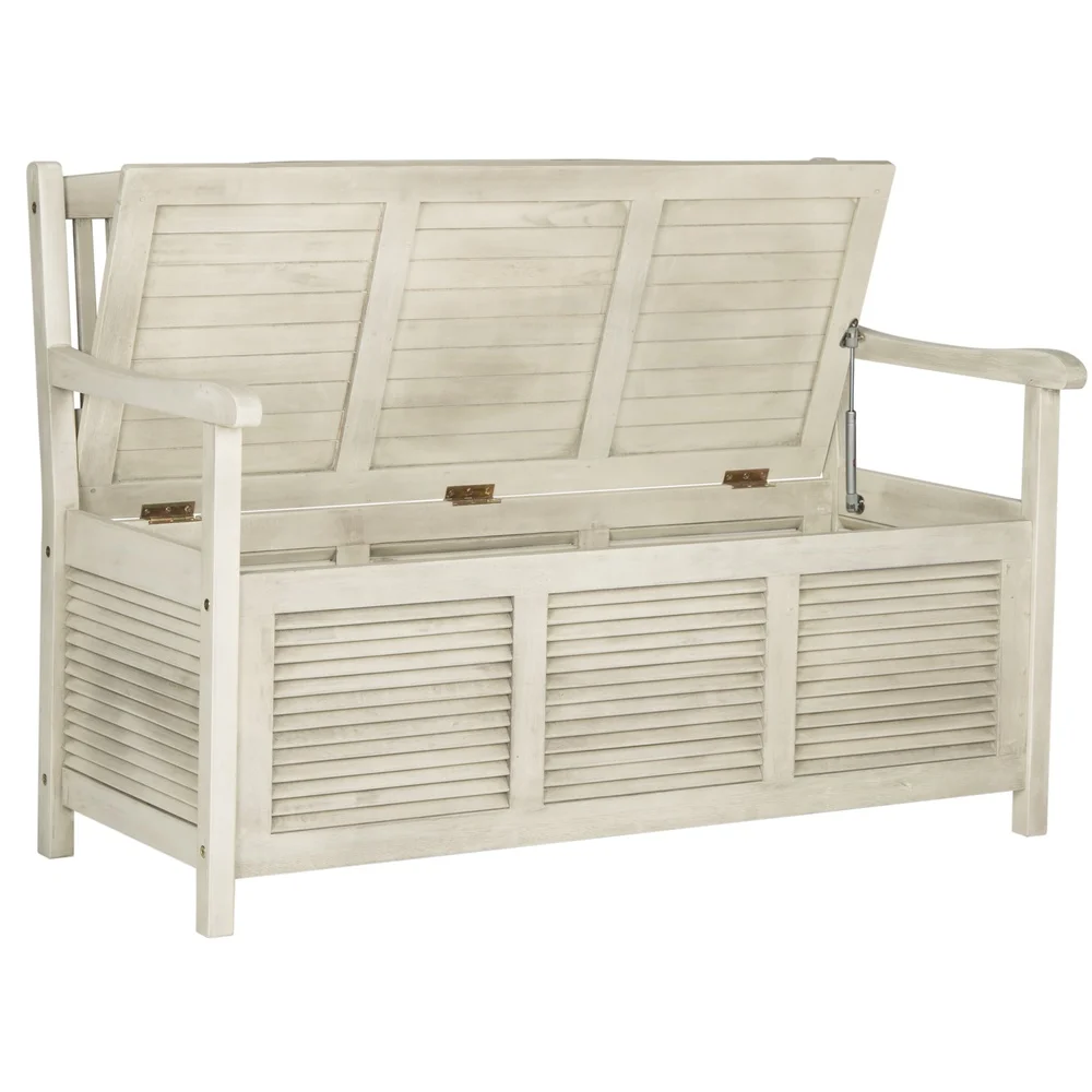 Modern Outdoor Storage Bench Acacia Wood Durable Seating Two Easy Care Stylish Design Ideal Pool Gear Cushions