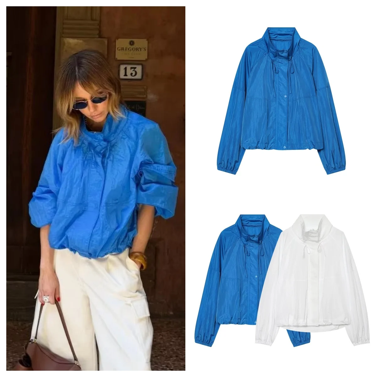 Women's Jacket 2026 New European Style Fashion Long Sleeve High Neck Drawstring Pleated Nylon Casual Loose Coat Women'sat