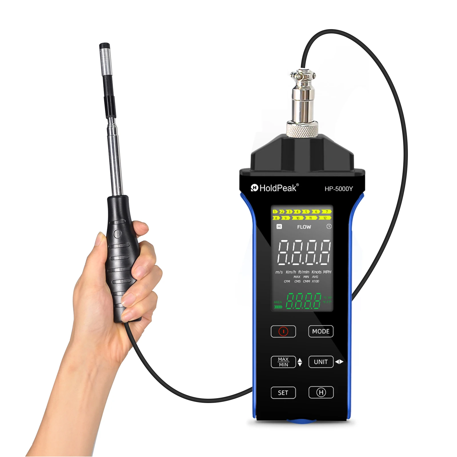 

HP-5000Y Hot-Wire Anemometer with Retractable Probe- 0.1-30m/s Wind Speed, Temp, Color LCD, MAX/MIN for HVAC Testing