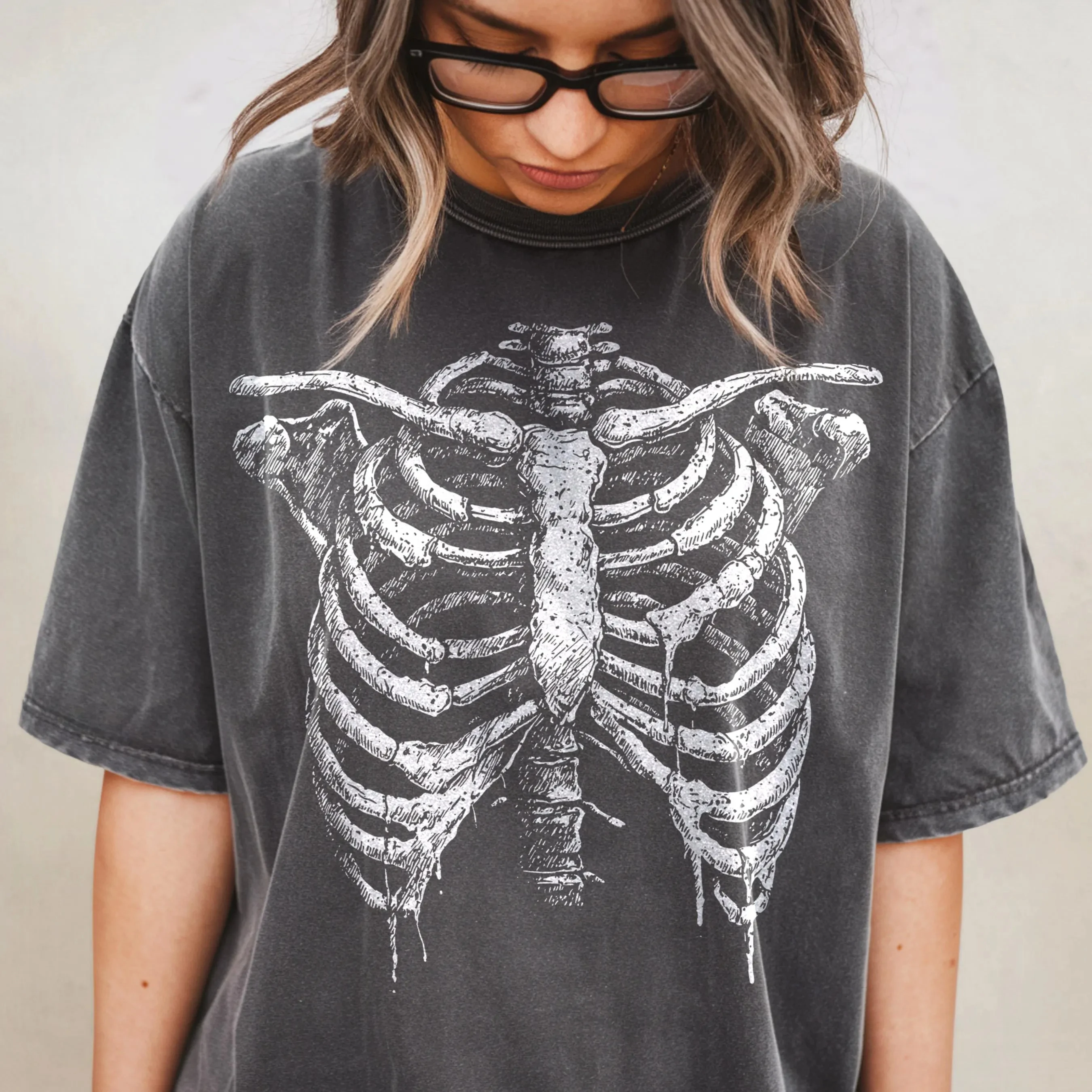 Ribbed Skeleton T-shirt - Halloween T-shirt Decadent Skeleton T-shirt Alternative Y2K Gothic Style, Skeleton Pattern T-shirt
