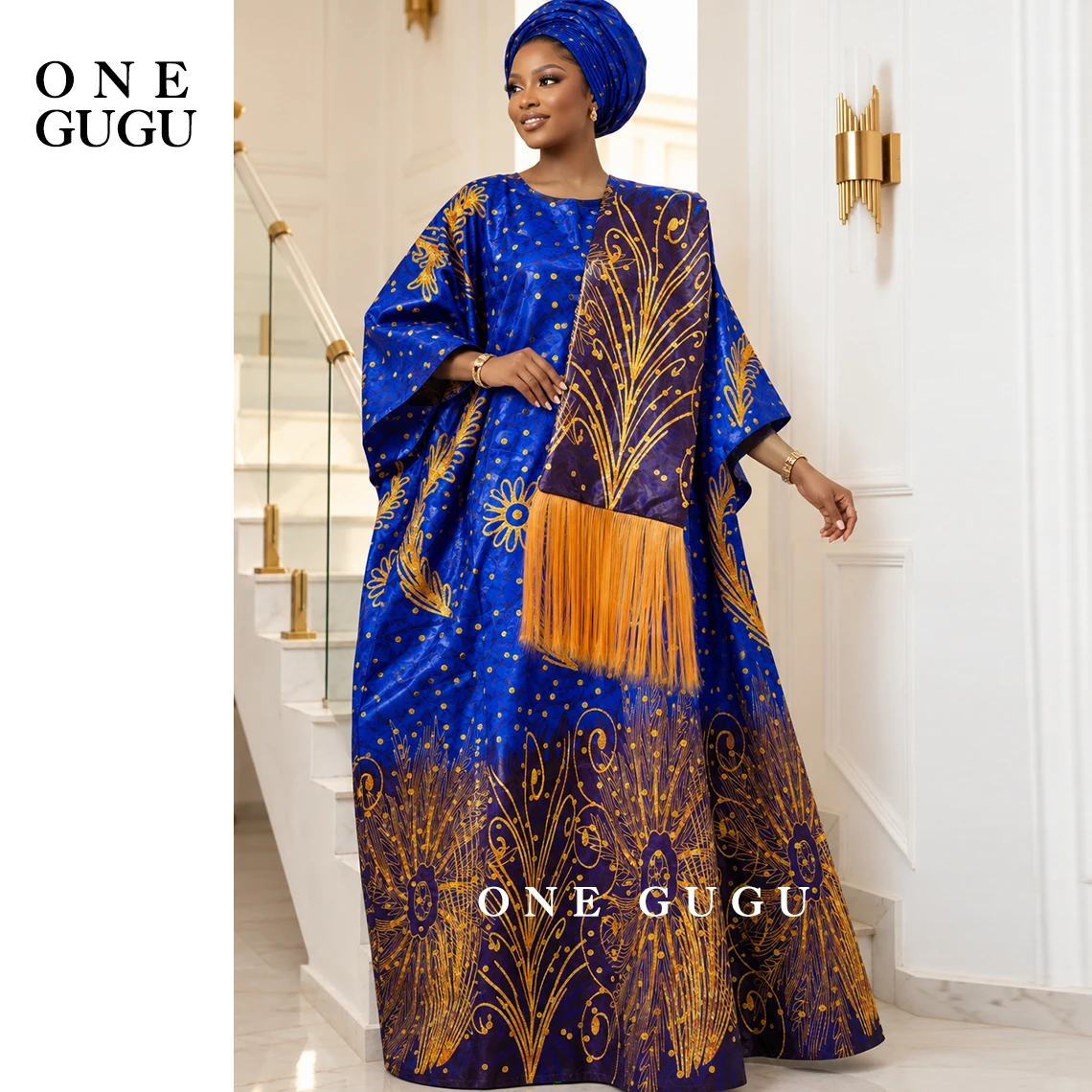 Royal Blue Printing Basin Dress With Shawl and Scarf Nigeria Origianl Bazin Riche Dashiki Wedding Party Boubou Ramadan Long Robe