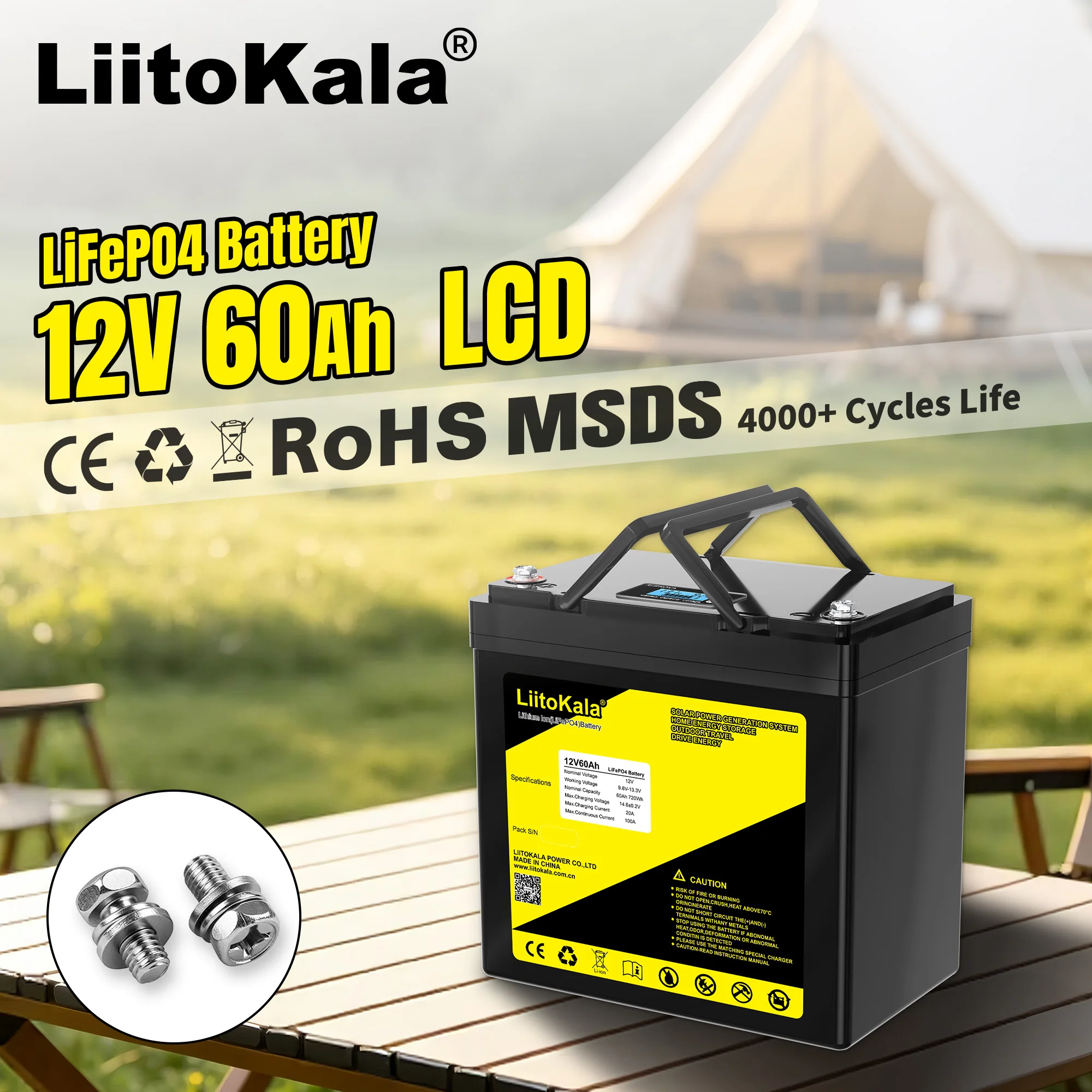 LiitoKala 12V 60Ah Batteria al litio ferro fosfato LiFePO4 con display LCD, batteria a ciclo profondo per accumulo di energia, con indicazione di tensione e capacità, ideale per camper, campeggio,