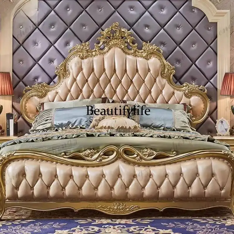A74 Vintage Wooden Double Bed Blue Soft Gold Luxury Japanese Double Bed King Size Adults Metal Letto Matrimoniale