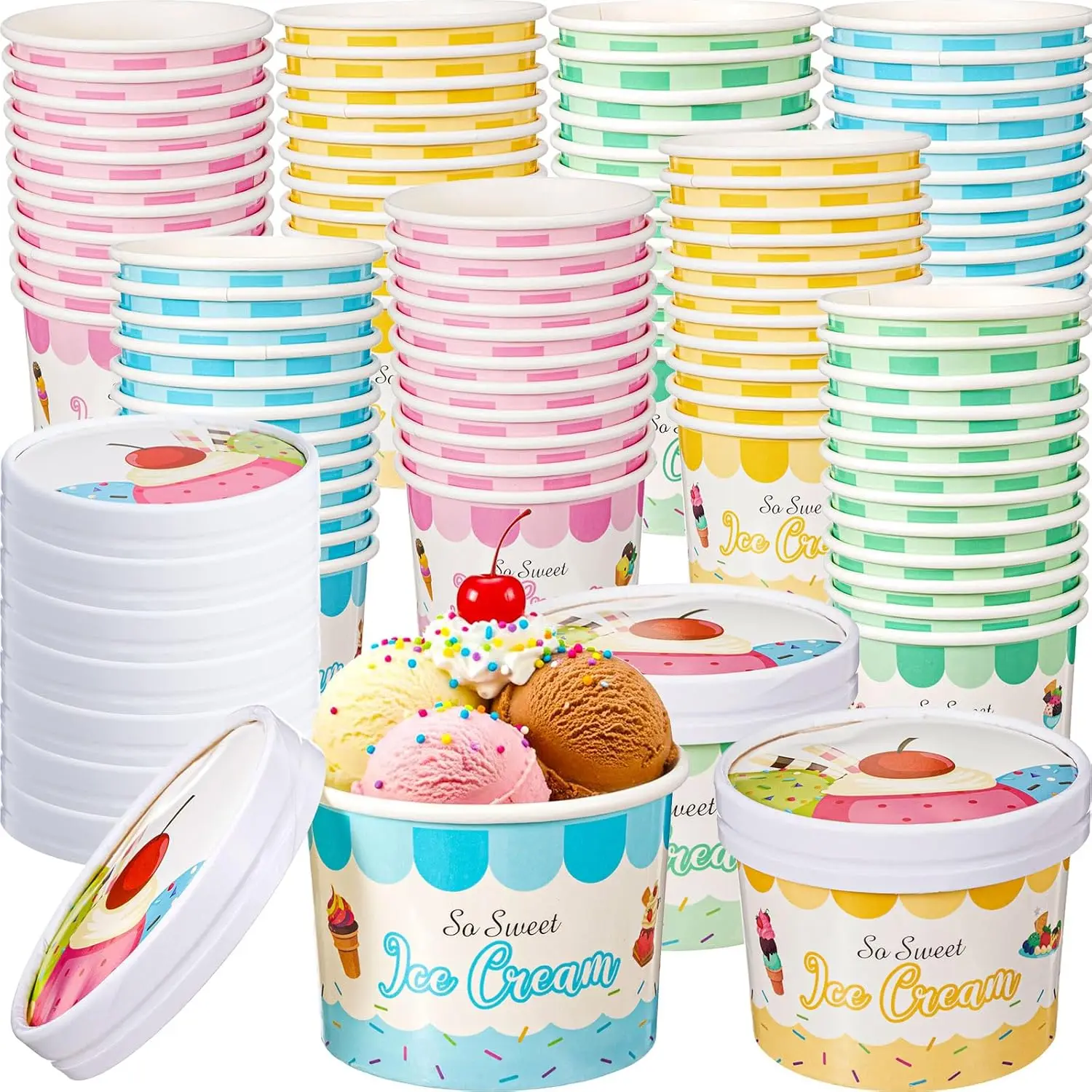 

48 Pcs 12oz Paper Ice Cream Cups with Lids, Disposable Sundae Dessert Bowls, Frozen Yogurt Containers Party Supplies for