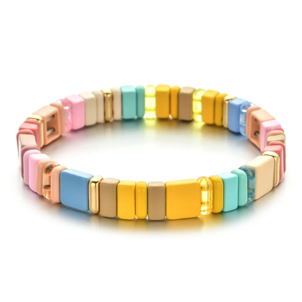 Elegant Fashion Boho Style Enamel Geometric Beads Stretch Rainbow Lucky Women\'s Bracelet Bangle DIY Beaded Couple Jewelry