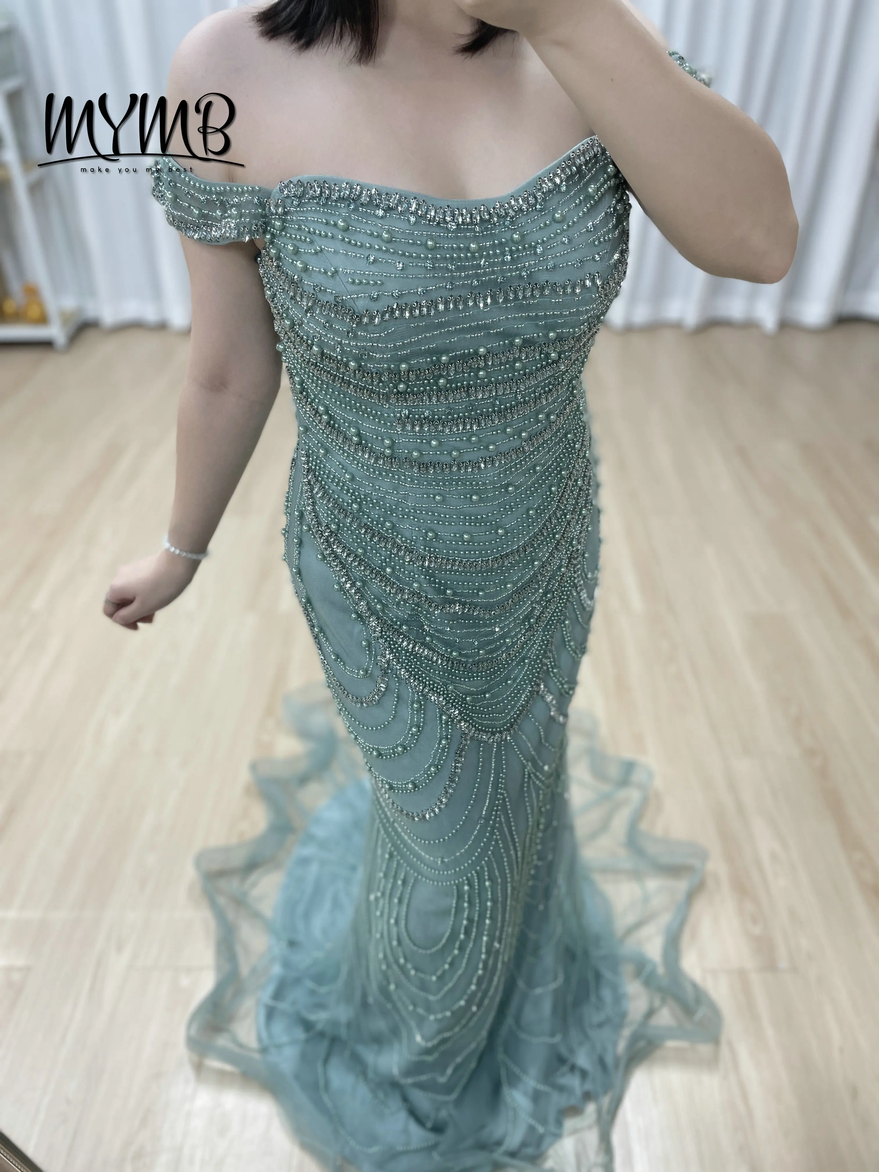 MYMB Luxurious Off Shoulder Beaded Mermaid Evening Dresses With Tulle Hem Crystal Pearl Embellished Formal Prom Gowns MB40209-2