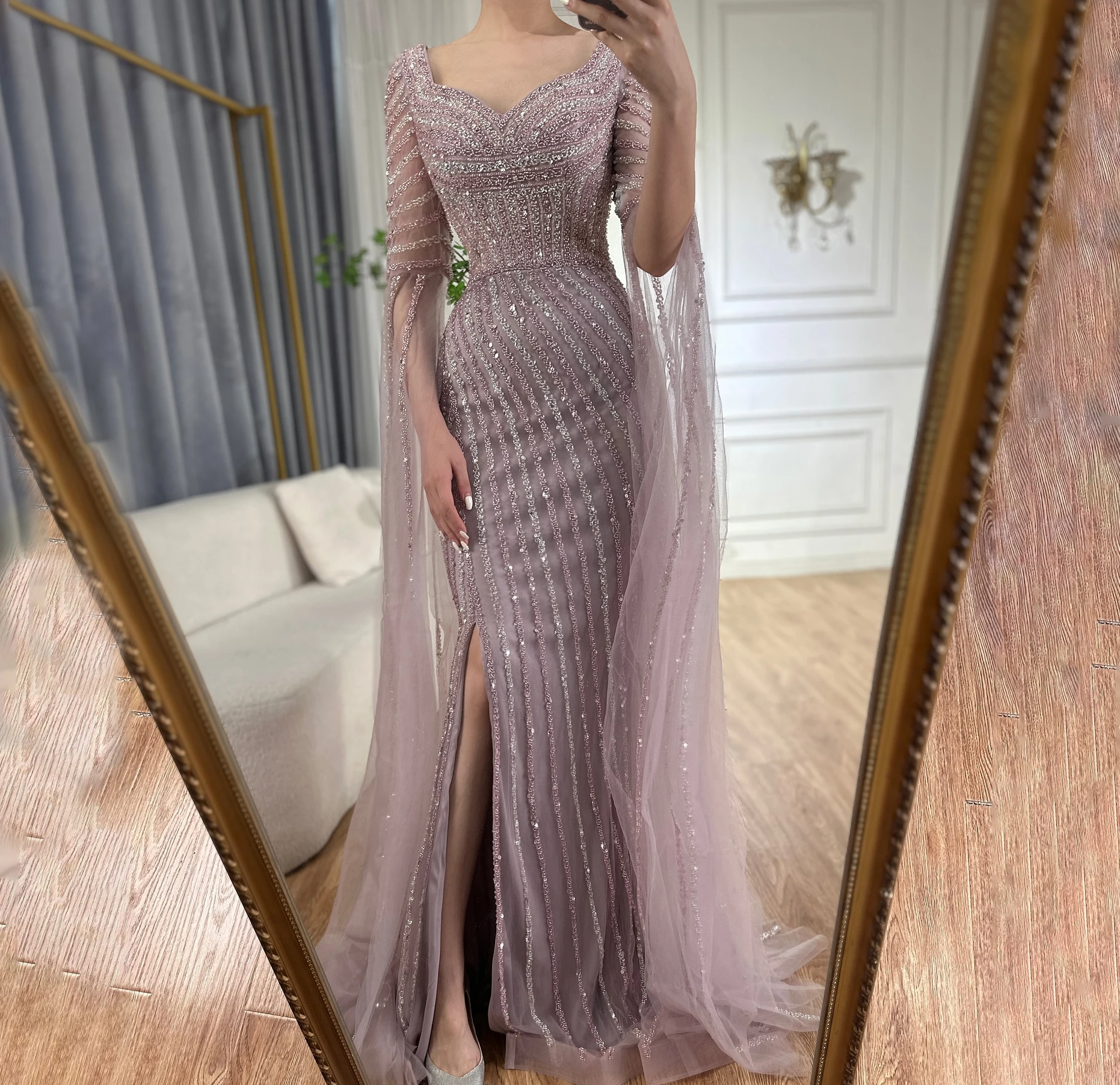 SERENE HILL Customized 2025 Pink Mermaid Long Sleeves Luxury Beaded Evening Dresses Pink Slit Gowns  Wedding Party GLA72314