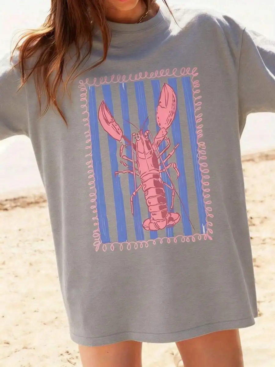 

Womens Oversized Graphic T-Shirt With Pink Lobster And Blue Stripes Print