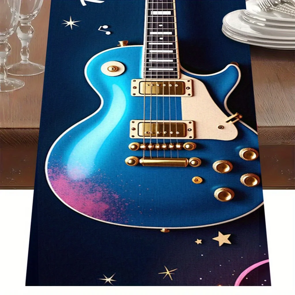 1 Piece Guitar-Shaped Happy Birthday Table Runner, Suitable for Farmhouse, Indoor, Kitchen, Celebrations, Table Decoration, Restaurant and Banquet Decoration Supplies