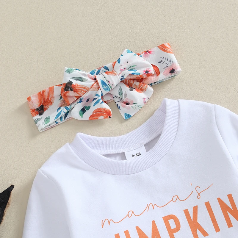 

Cute Baby Girl Autumn Apparel Set with Letter Print Crew Neck Sweatshirt Pumpkin Flower Print Pants and Headband - 3 Piece