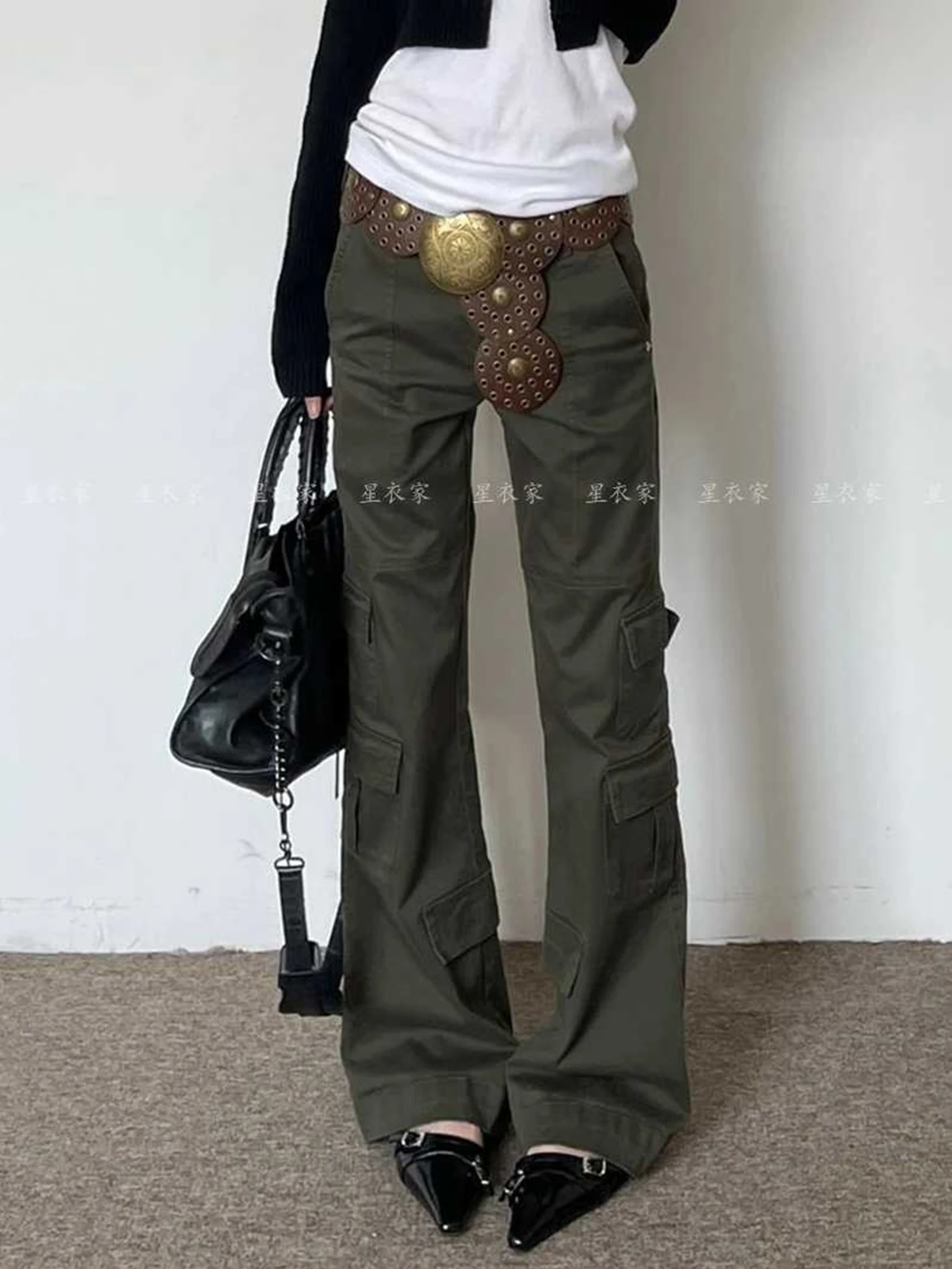 

Женские армейские зеленые мешковатые джинсы Y2k в стиле гранж Harajuku, винтажные джинсовые брюки, джинсы большого размера, длинные брюки, одежда в японском стиле 2000-х годов