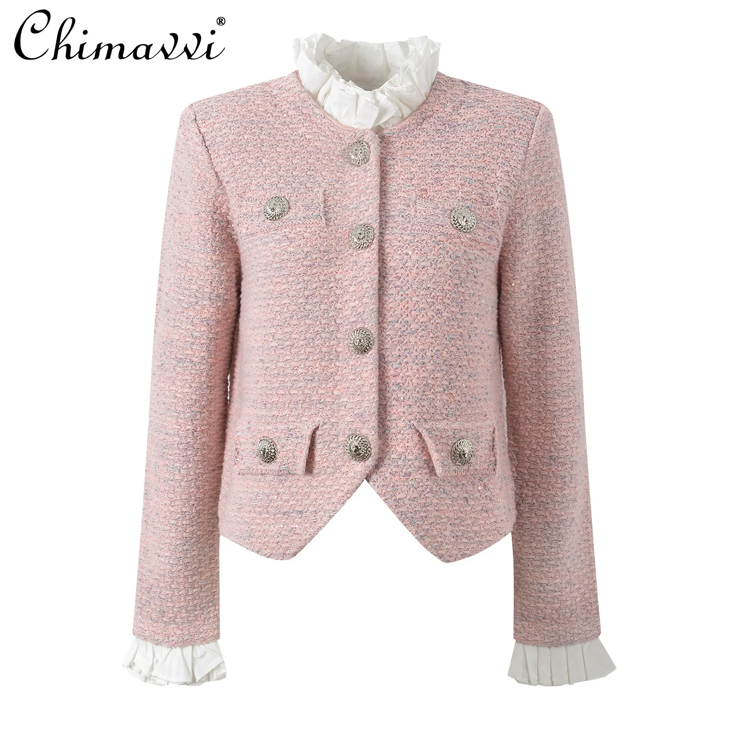 

French Elegant Commuter Socialite Ruffles Splicing Stand Collar Long Sleeve Single-breasted Irregular Short Jackets Women Autumn