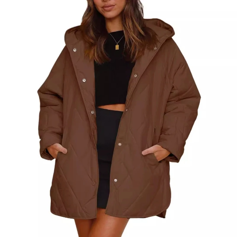 

Women's winter warm coat, casual diamond-check hooded light jacket, cardigan, mid-length solid color loose home coat, overcoat
