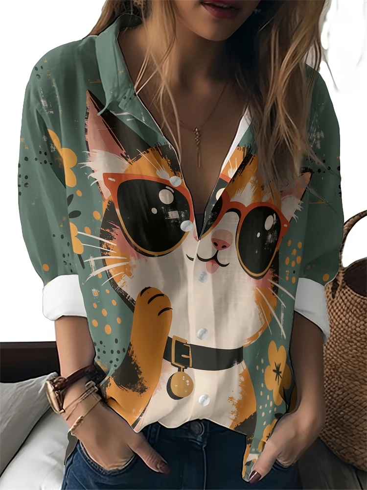 2025 New Women's Lapel Shirt Tops Casual Long Sleeve Button Down Shirts Women's Tops Fun Cat Pattern Women's Shirts Women's