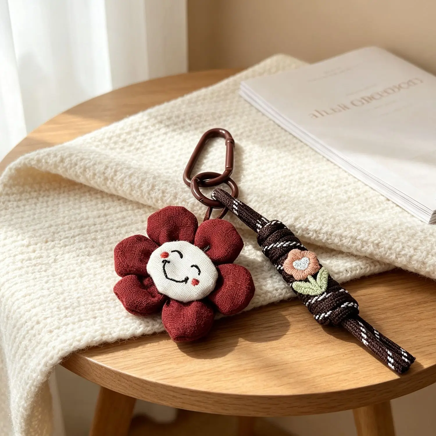 Flower Mushroom Pendant Plush Caramel Brown Premium Keychain Charm for Bag Vehicle Phone Adorable Cute Durable Portable