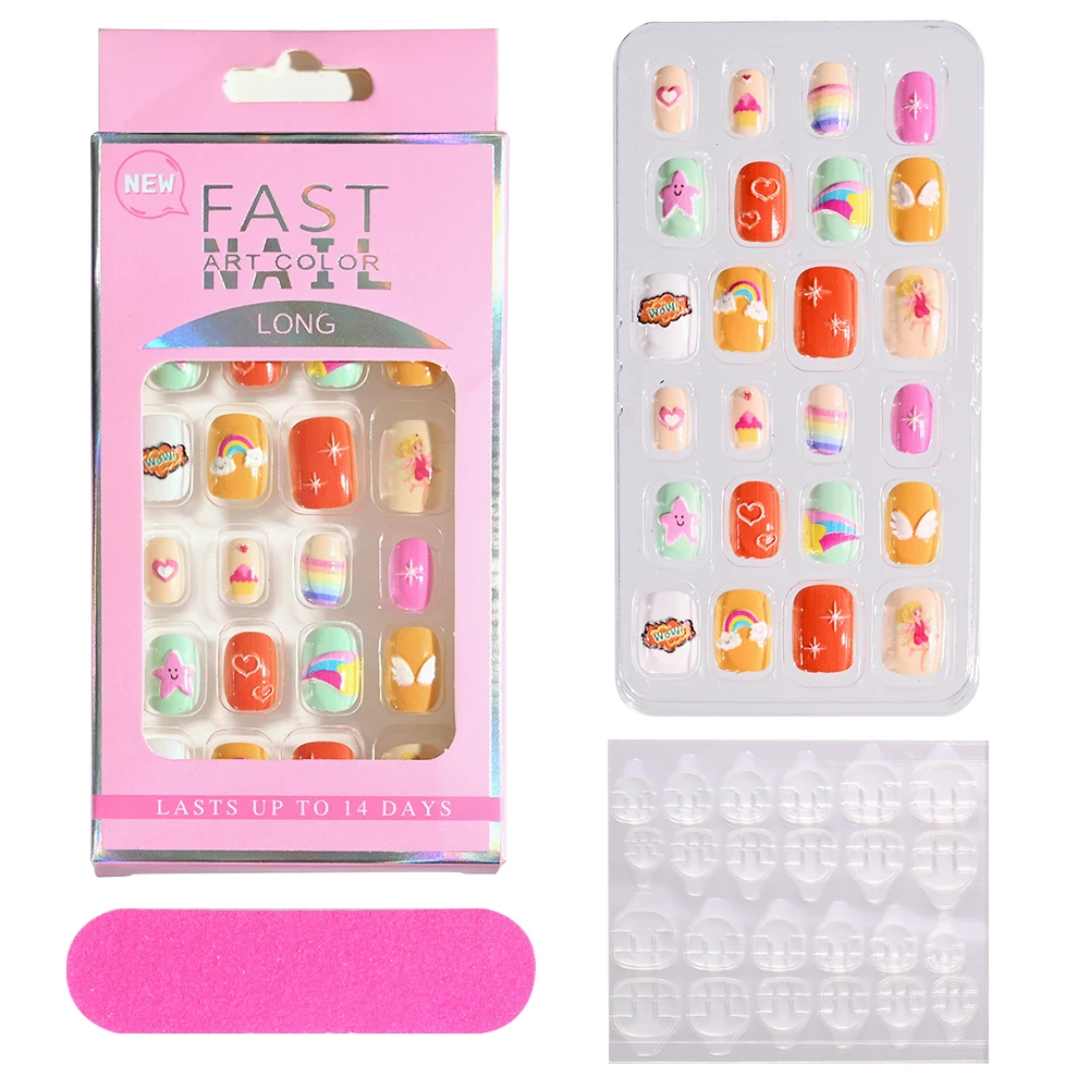 24pc/box Kids False Nails Press On Full Cover Adhesive Fake Nail Tips 5D Cartoon Design Candy Color Manicure Children Fake Nails