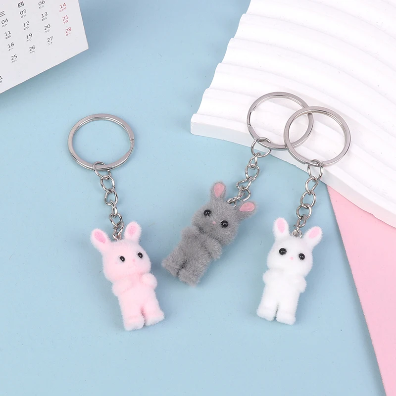 3D Cartoon Flocking Rabbit Keychain Cute Flocked Bunny Animal Keyring Bag Pendant Backpack Charms Car Decor DIY Accessories Gift