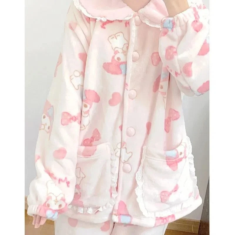 Sanrio Melody Cute Pajamas Women 2023 Autumn Winter Thick Doll Neck Pijama Sleepwear Girl Fashion Kawaii Top Pants Two-piece Set