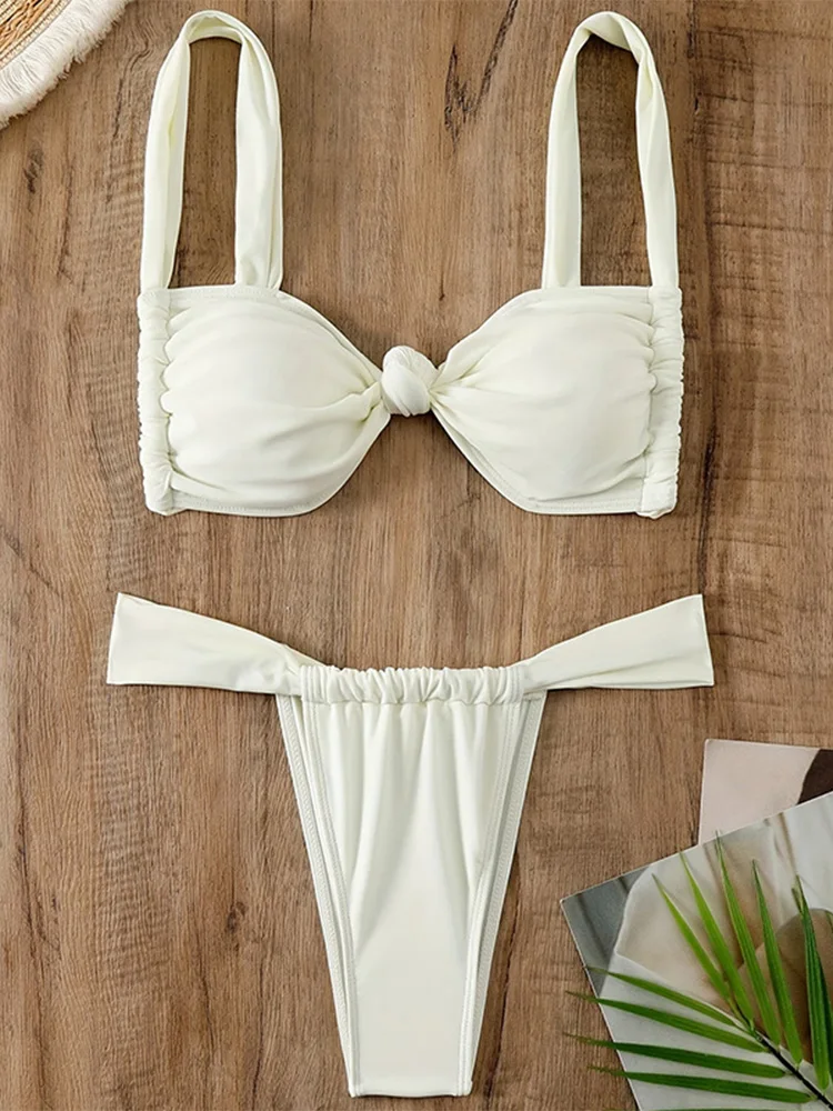 

Сексуальные однотонные бикини-стринги для женщин, раздельный купальник, пляжный бразильский бикини 2026, новинка, на все сезоны, без спинки, с бандажными элементами, комплект из 2 предметов