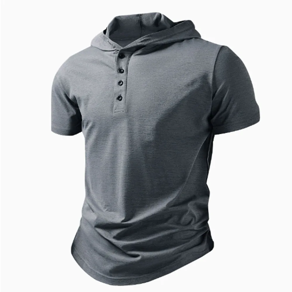 Summer Men's Casual Hooded T-shirt Loose Solid Color Lightweight Short Sleeved Male Outdoor Sports Hoodies Tee Tops