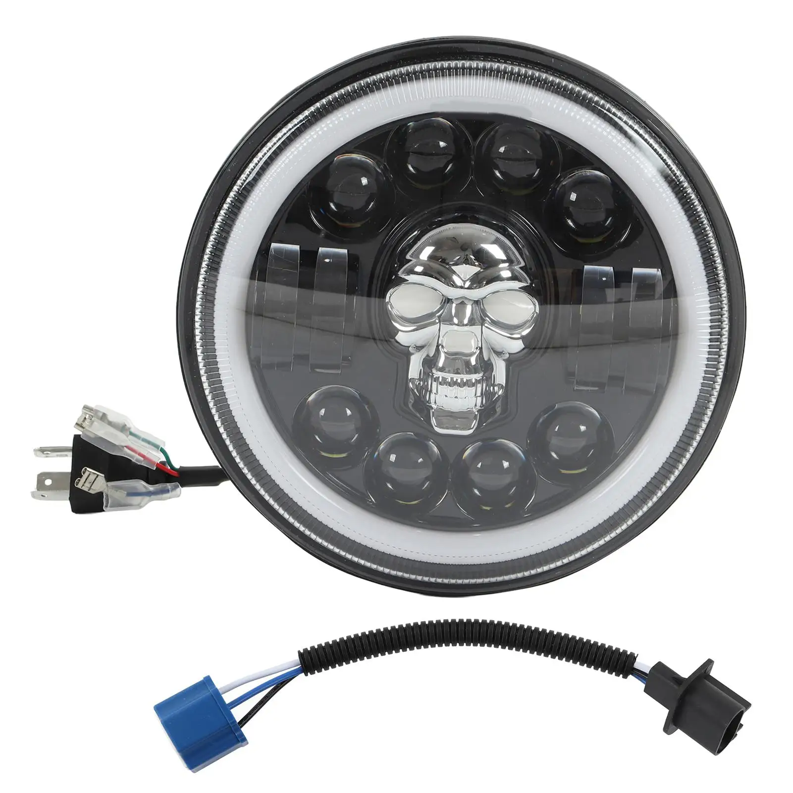 

Motorcycle Halo Headlight Skull Head Pattern Waterproof Motorcycle Round Headlamp Dustproof for White Lighting for modification