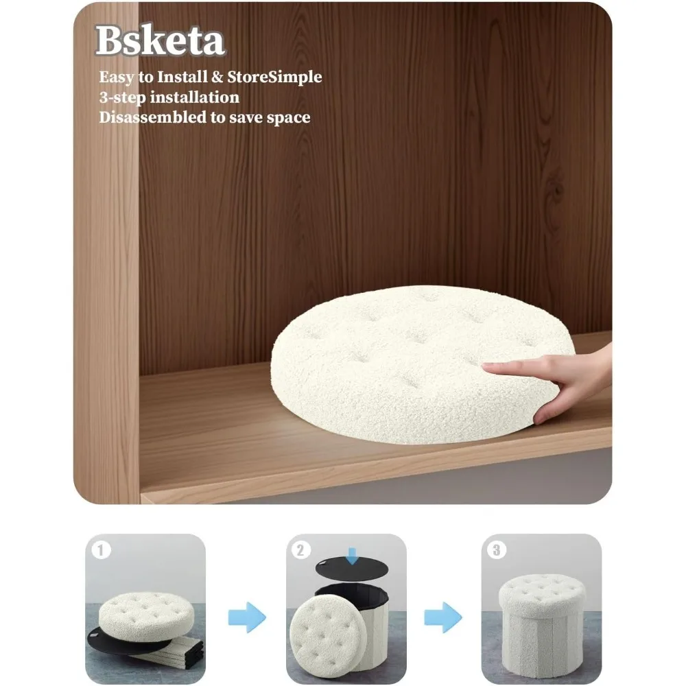 Ronde opbergruimte poef voetenbank, faux teddy fluwelen poef met opbergruimte, voetsteun voor woonkamer slaapkamer of slaapzaal (crème wit
