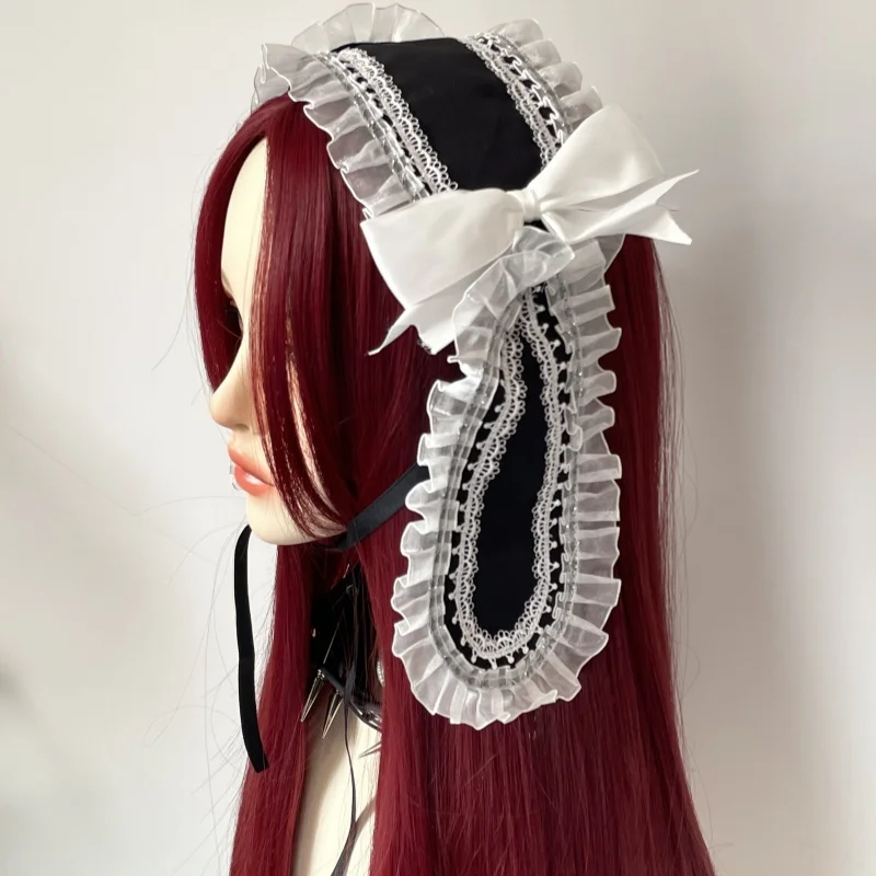 2025 뉴 다크 레이스 보우 토끼 헤어 밴드 로리타 메이드 하라주쿠 고딕 헤어 클립 Y2K 스위트 소녀 헤어 액세서리