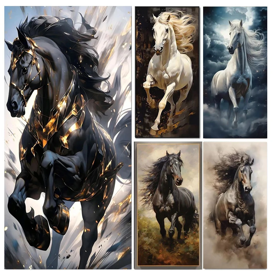 5D Large DIY Full Square Round Diamond Painting Running White Black Horse Mosaic Animal Embroidery Creative Hobbies Home Decor