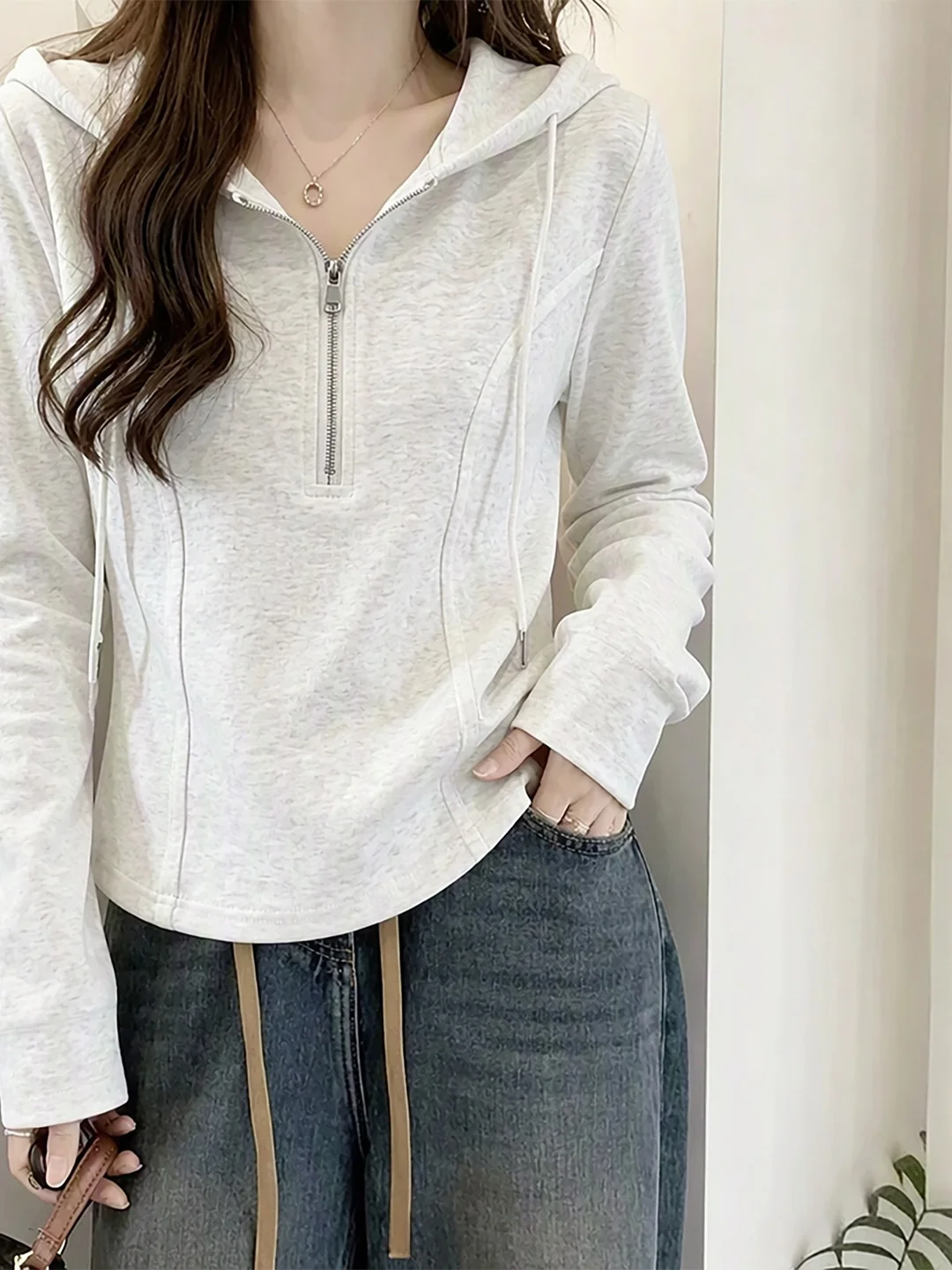 Women's White Grey Long Sleeve Hoodie T-Shirt Spring Autumn Winter Inner Wear Base Shirt Casual Versatile Sweatshirt
