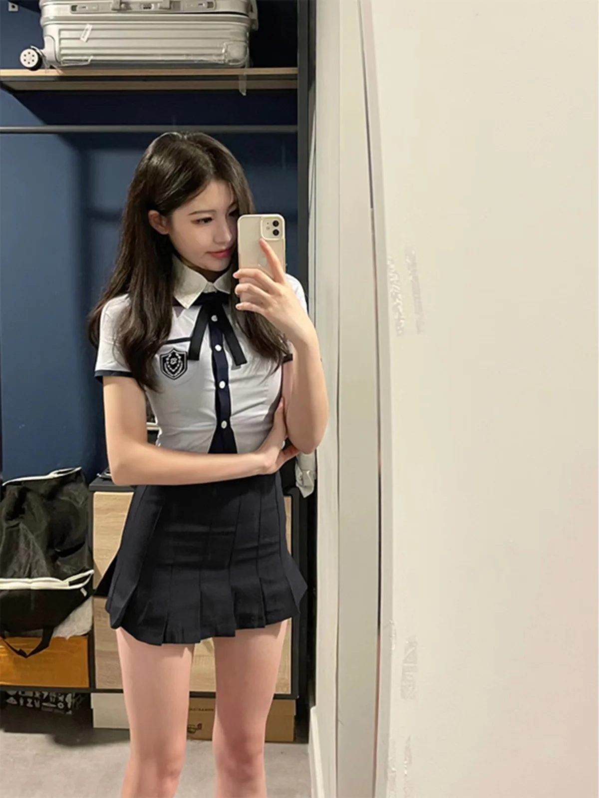 Summer Women's Sweet Cool School Uniform Dress Two-Piece Set Miniature High Waist  Collar Short Sleeve Pure Color A-Line ...